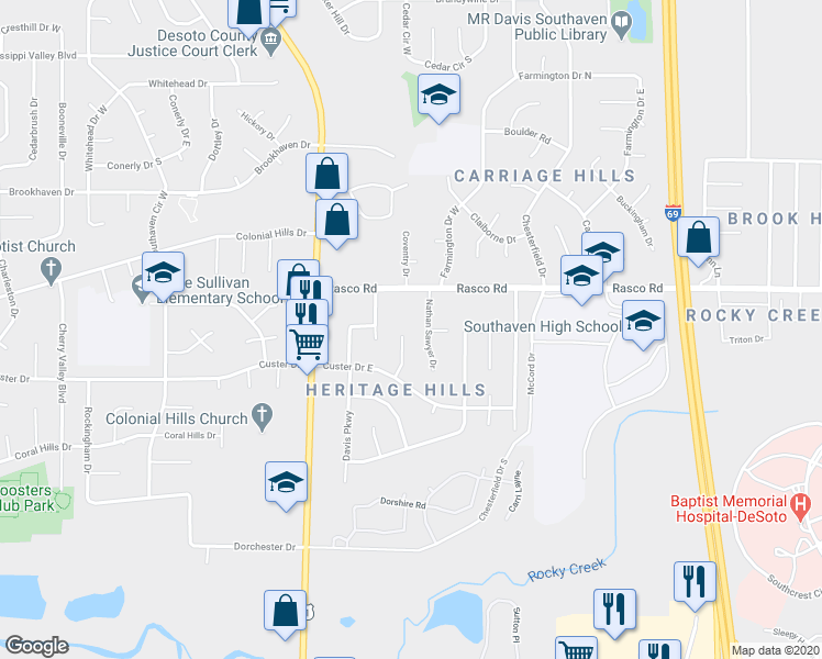map of restaurants, bars, coffee shops, grocery stores, and more near 7896 Idlebrook Cove in Southaven