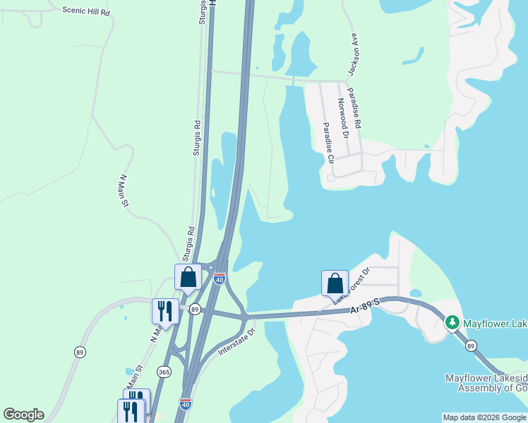 map of restaurants, bars, coffee shops, grocery stores, and more near 7 East Ridge Road in Mayflower
