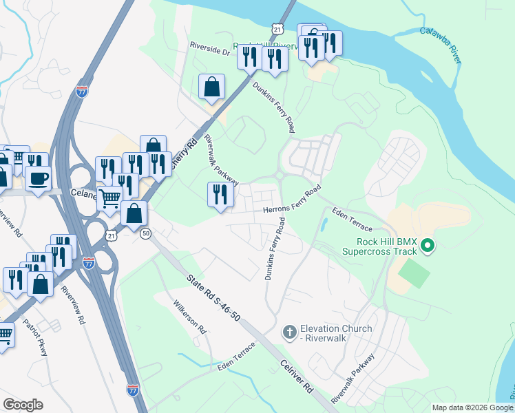 map of restaurants, bars, coffee shops, grocery stores, and more near 517 Pink Moon Drive in Rock Hill