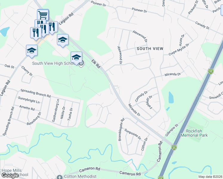 map of restaurants, bars, coffee shops, grocery stores, and more near 4753 Banks Court in Hope Mills