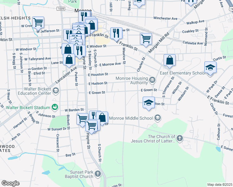 map of restaurants, bars, coffee shops, grocery stores, and more near 318 East Green Street in Monroe