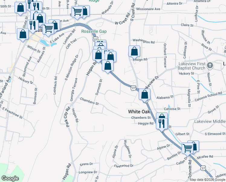 map of restaurants, bars, coffee shops, grocery stores, and more near 113 Ridgecrest Circle in Rossville