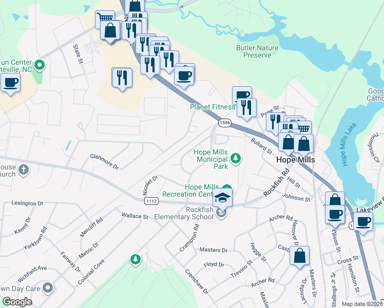 map of restaurants, bars, coffee shops, grocery stores, and more near 5755 Sagamore Road in Hope Mills