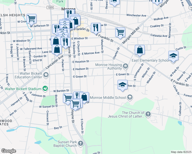 map of restaurants, bars, coffee shops, grocery stores, and more near 318 East Green Street in Monroe