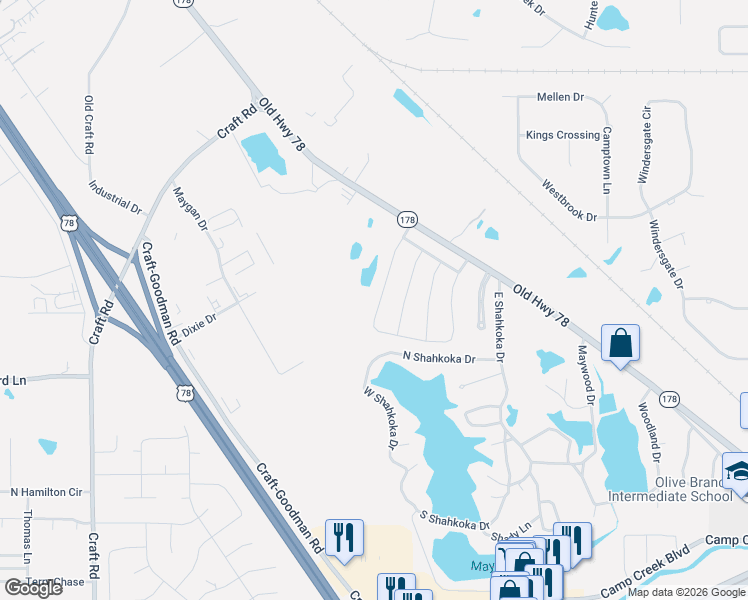 map of restaurants, bars, coffee shops, grocery stores, and more near 7825 West Shahkoka Drive in Olive Branch