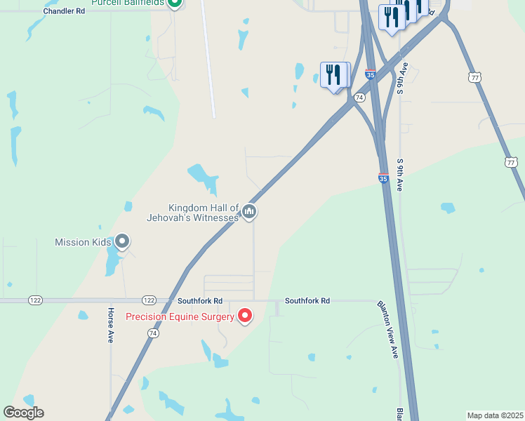 map of restaurants, bars, coffee shops, grocery stores, and more near 2803 Southway Avenue in Purcell