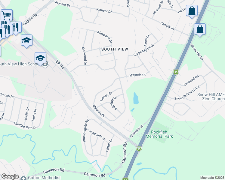 map of restaurants, bars, coffee shops, grocery stores, and more near 625 Connaly Drive in Hope Mills