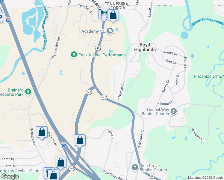 map of restaurants, bars, coffee shops, grocery stores, and more near 845 U.S. 41 in Ringgold