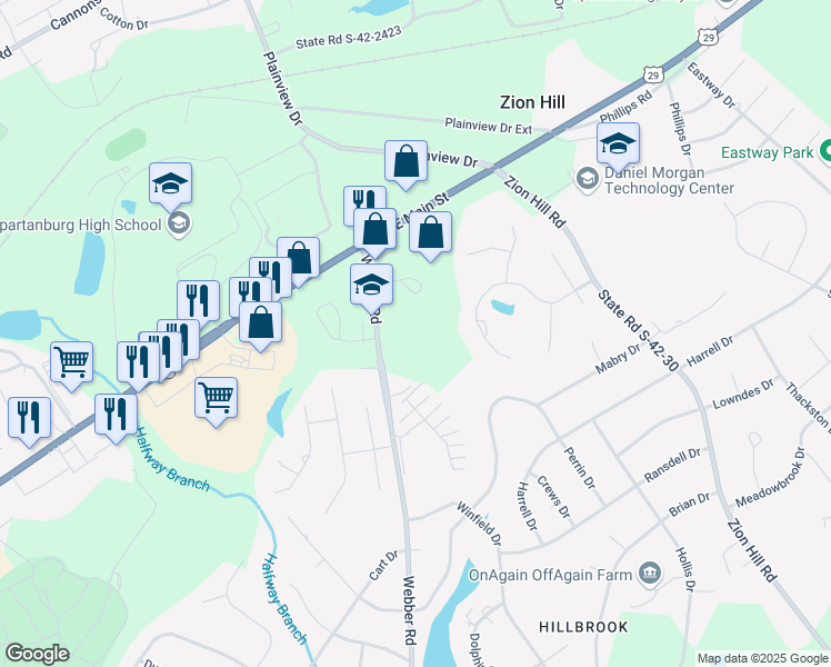 map of restaurants, bars, coffee shops, grocery stores, and more near 300 South Street in Spartanburg