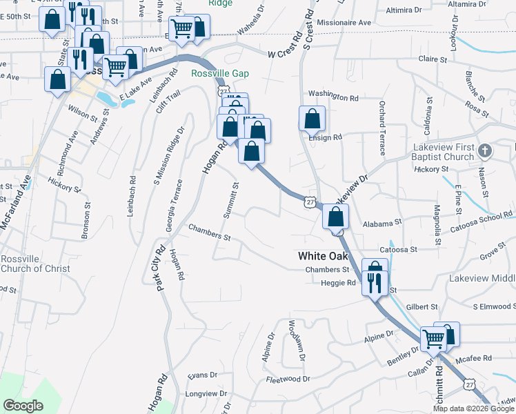 map of restaurants, bars, coffee shops, grocery stores, and more near 113 Ridgecrest Circle in Rossville