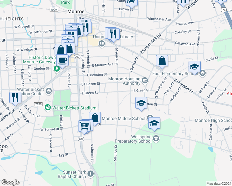 map of restaurants, bars, coffee shops, grocery stores, and more near 328 East Green Street in Monroe