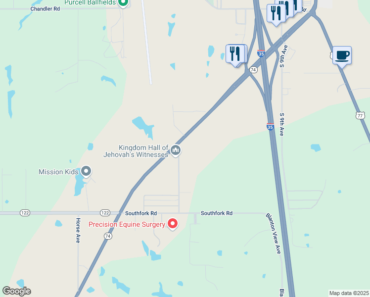 map of restaurants, bars, coffee shops, grocery stores, and more near 2718 Highway 74 in Purcell