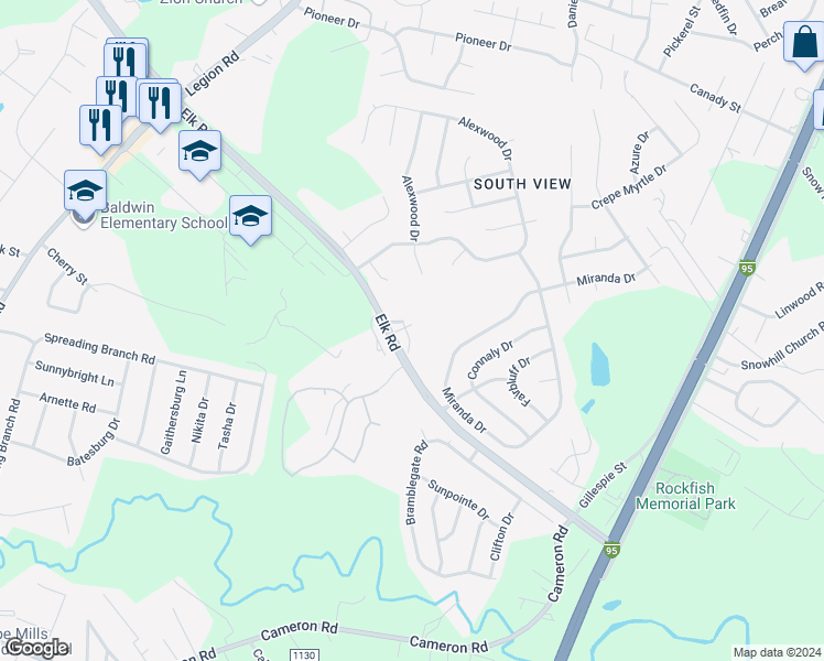 map of restaurants, bars, coffee shops, grocery stores, and more near 4753 Banks Court in Hope Mills