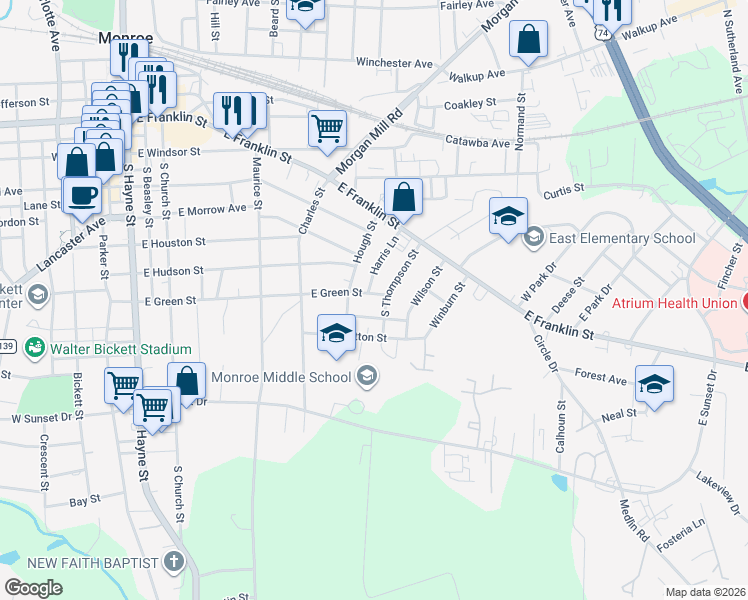 map of restaurants, bars, coffee shops, grocery stores, and more near 604 Worley Street in Monroe