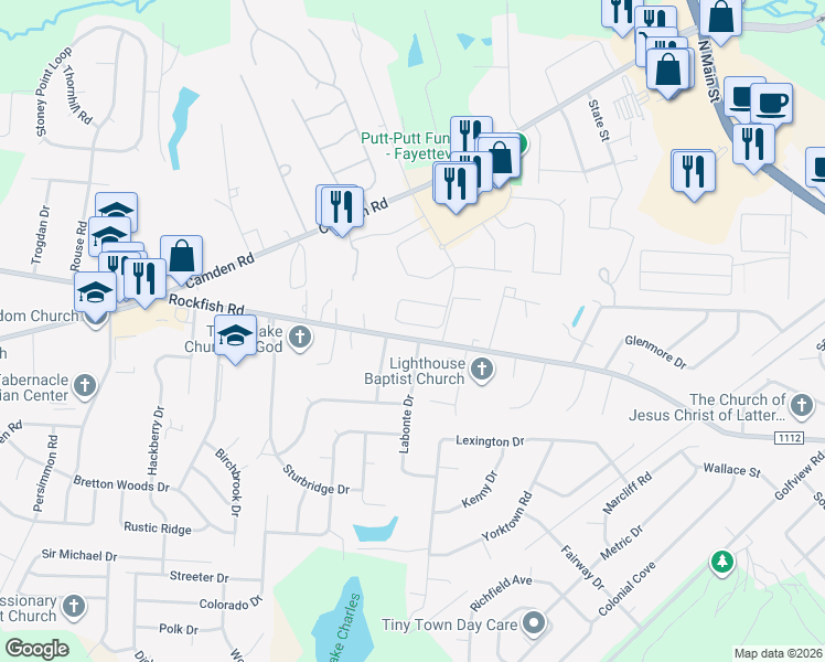 map of restaurants, bars, coffee shops, grocery stores, and more near 3523 South Peak Drive in Fayetteville