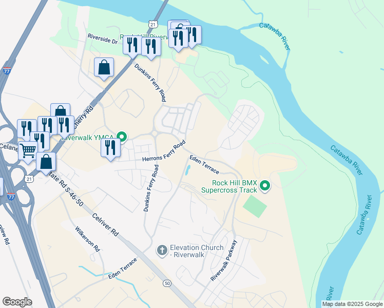 map of restaurants, bars, coffee shops, grocery stores, and more near Riverwalk Parkway in Rock Hill