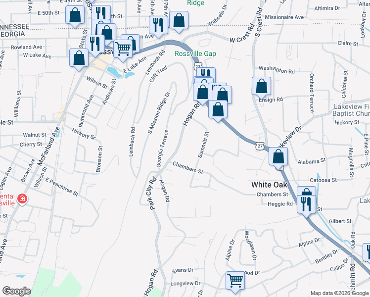 map of restaurants, bars, coffee shops, grocery stores, and more near 409 Chambers Street in Rossville