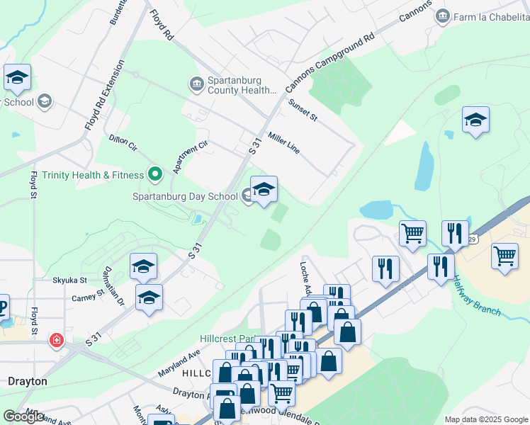 map of restaurants, bars, coffee shops, grocery stores, and more near 1701 Skylyn Drive in Spartanburg
