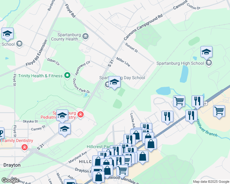 map of restaurants, bars, coffee shops, grocery stores, and more near 1701 Skylyn Drive in Spartanburg