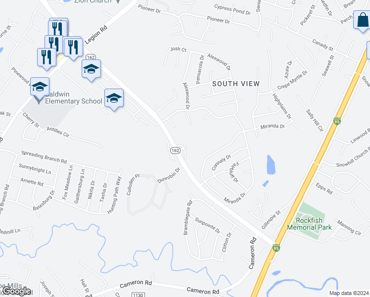 map of restaurants, bars, coffee shops, grocery stores, and more near 401 Meadowland Court in Hope Mills