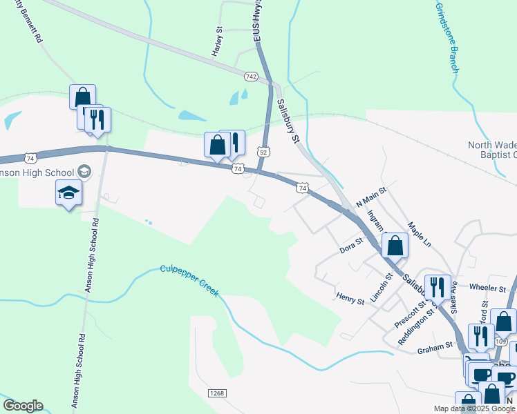 map of restaurants, bars, coffee shops, grocery stores, and more near 300 Abbington Grove Circle in Wadesboro