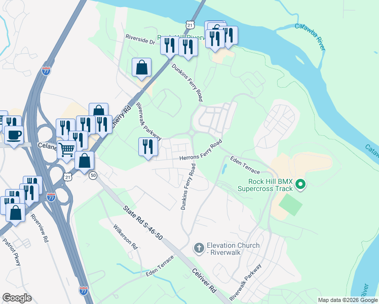 map of restaurants, bars, coffee shops, grocery stores, and more near 1094 Riverwalk Parkway in Rock Hill