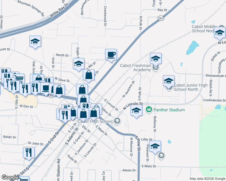 map of restaurants, bars, coffee shops, grocery stores, and more near 506 North Grant Street in Cabot