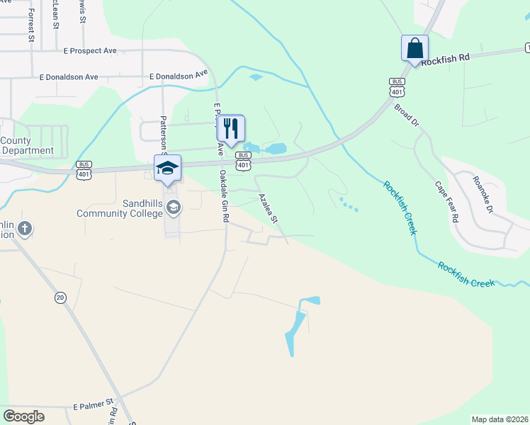 map of restaurants, bars, coffee shops, grocery stores, and more near 232 Iris Street in Raeford