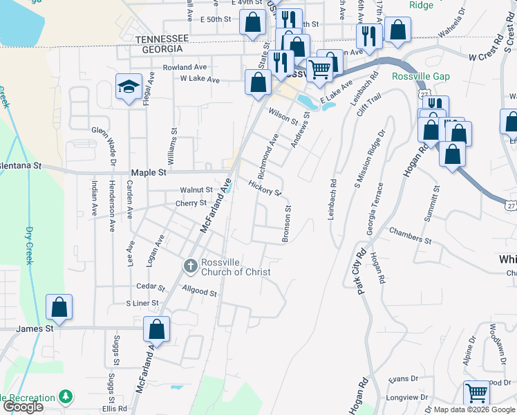 map of restaurants, bars, coffee shops, grocery stores, and more near 201 Hickory Street in Rossville