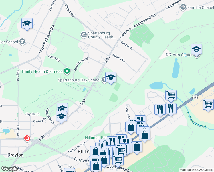 map of restaurants, bars, coffee shops, grocery stores, and more near 1701 Skylyn Drive in Spartanburg