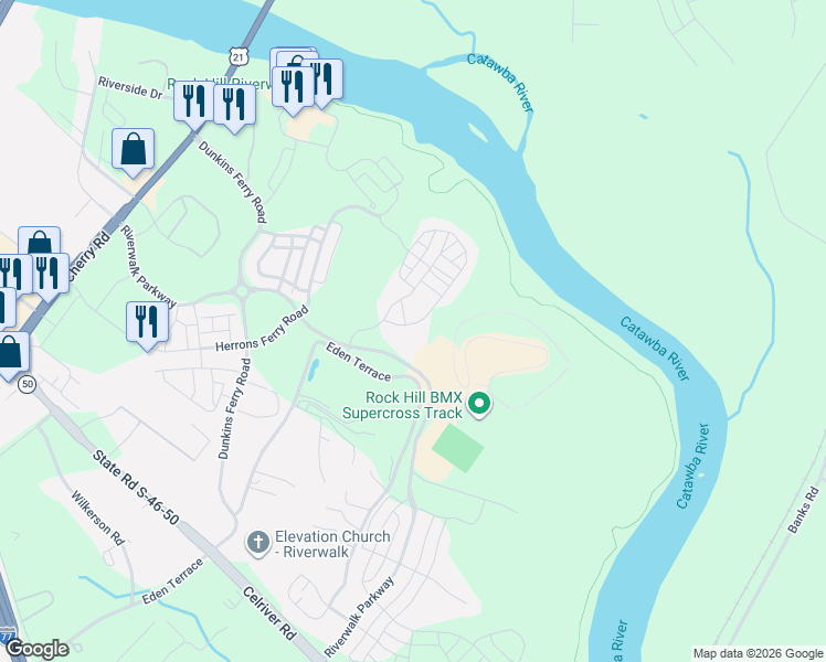 map of restaurants, bars, coffee shops, grocery stores, and more near 385 Mill Ridge Road in Rock Hill