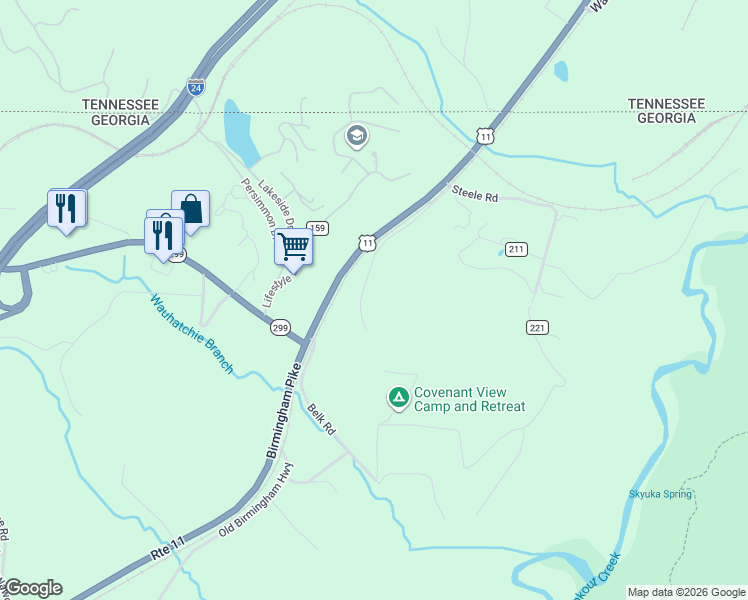 map of restaurants, bars, coffee shops, grocery stores, and more near 317 Guinn Road in Wildwood