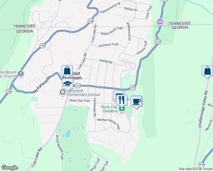 map of restaurants, bars, coffee shops, grocery stores, and more near 1212 Peter Pan Road in Lookout Mountain