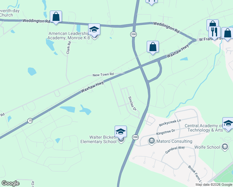 map of restaurants, bars, coffee shops, grocery stores, and more near 2314 Kevinshire Court in Monroe
