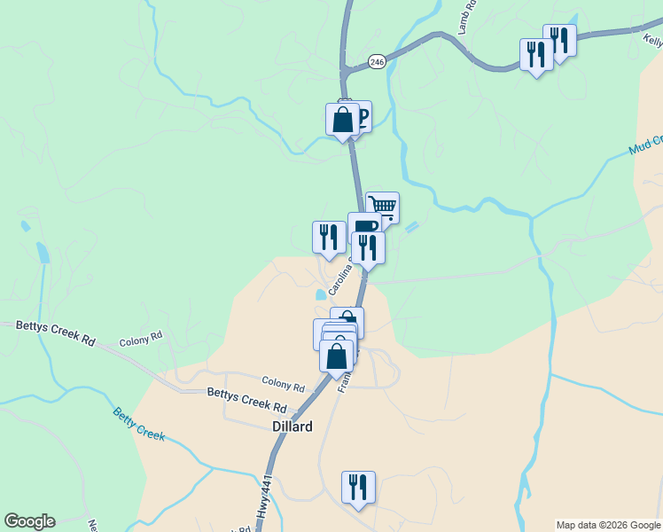 map of restaurants, bars, coffee shops, grocery stores, and more near 253 Carolina Street in Dillard