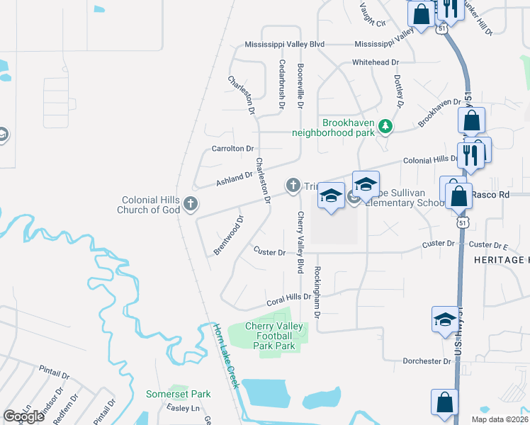 map of restaurants, bars, coffee shops, grocery stores, and more near 2179 Colonial Hills Drive in Southaven