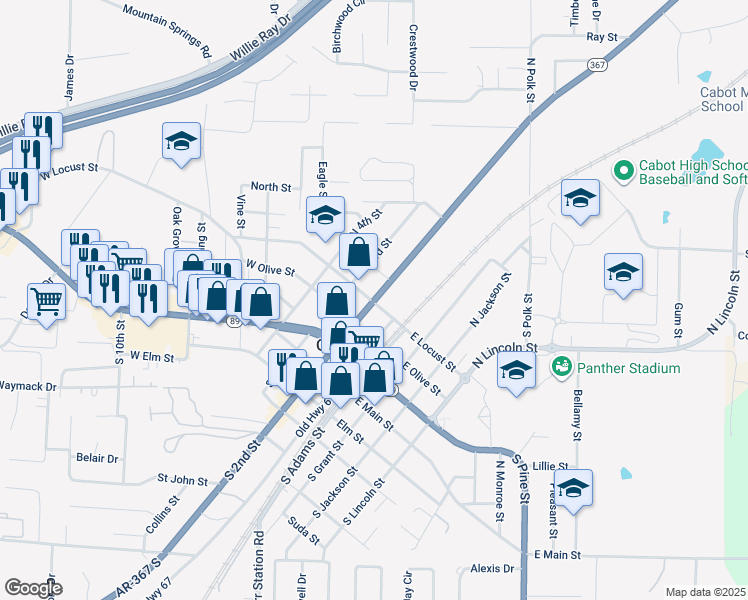 map of restaurants, bars, coffee shops, grocery stores, and more near 404 North 2nd Street in Cabot