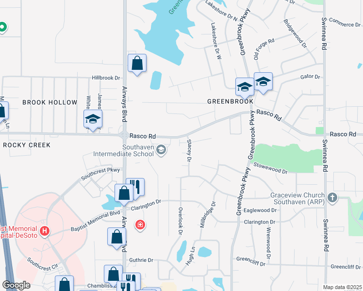 map of restaurants, bars, coffee shops, grocery stores, and more near 7839 Cayleb Lane in Southaven