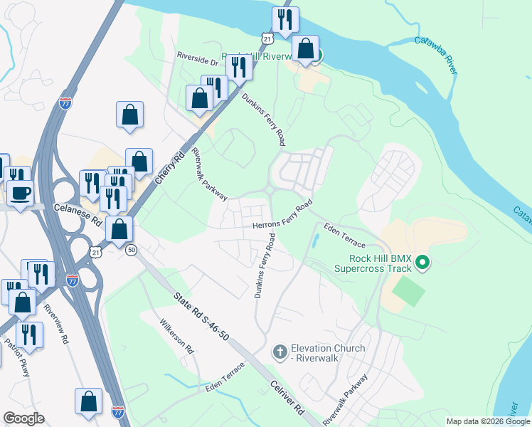 map of restaurants, bars, coffee shops, grocery stores, and more near 1094 Riverwalk Parkway in Rock Hill
