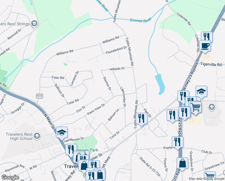 map of restaurants, bars, coffee shops, grocery stores, and more near 110 Gaston Drive in Travelers Rest