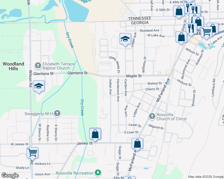 map of restaurants, bars, coffee shops, grocery stores, and more near 715 Indian Avenue in Rossville