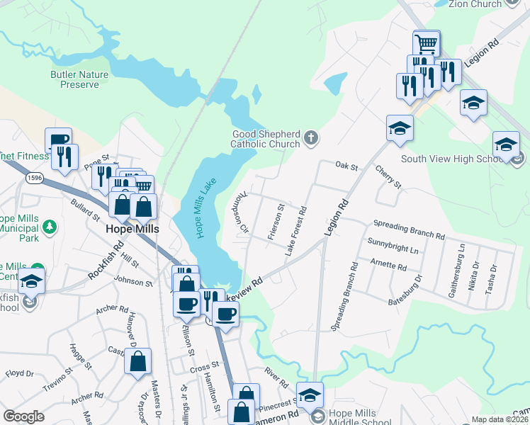 map of restaurants, bars, coffee shops, grocery stores, and more near 5458 Thompson Circle in Hope Mills