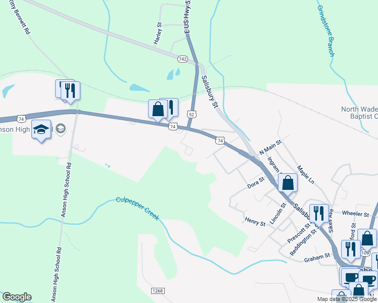 map of restaurants, bars, coffee shops, grocery stores, and more near 300 Abbington Grove Circle in Wadesboro