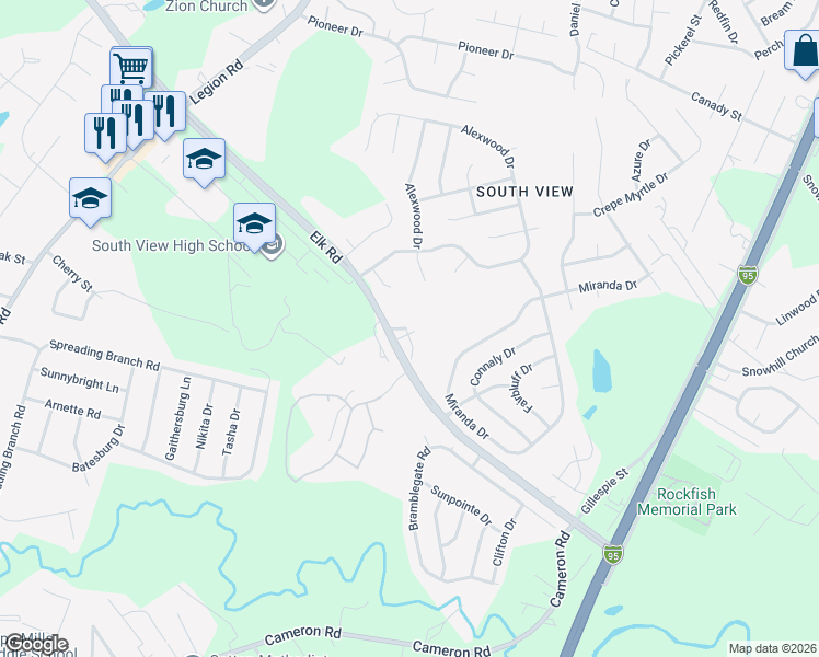 map of restaurants, bars, coffee shops, grocery stores, and more near 401 Meadowland Court in Hope Mills