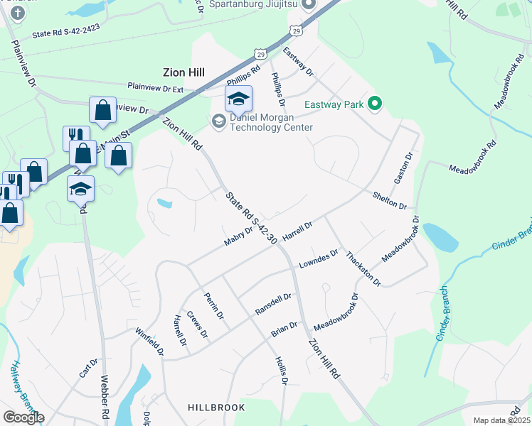 map of restaurants, bars, coffee shops, grocery stores, and more near 180 Buckstone Lane in Spartanburg