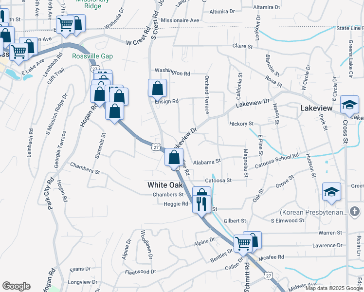 map of restaurants, bars, coffee shops, grocery stores, and more near 207 Lakeview Drive in Rossville