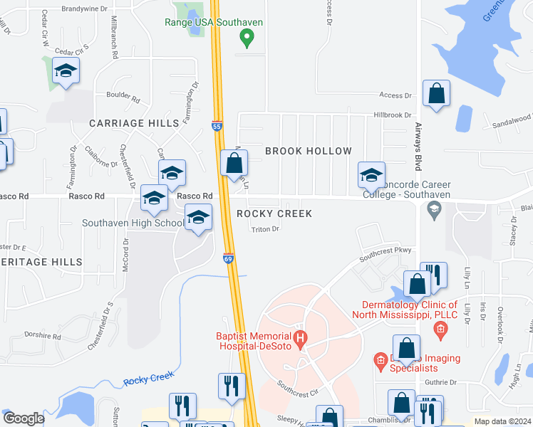map of restaurants, bars, coffee shops, grocery stores, and more near 494 Rasco Road West in Southaven