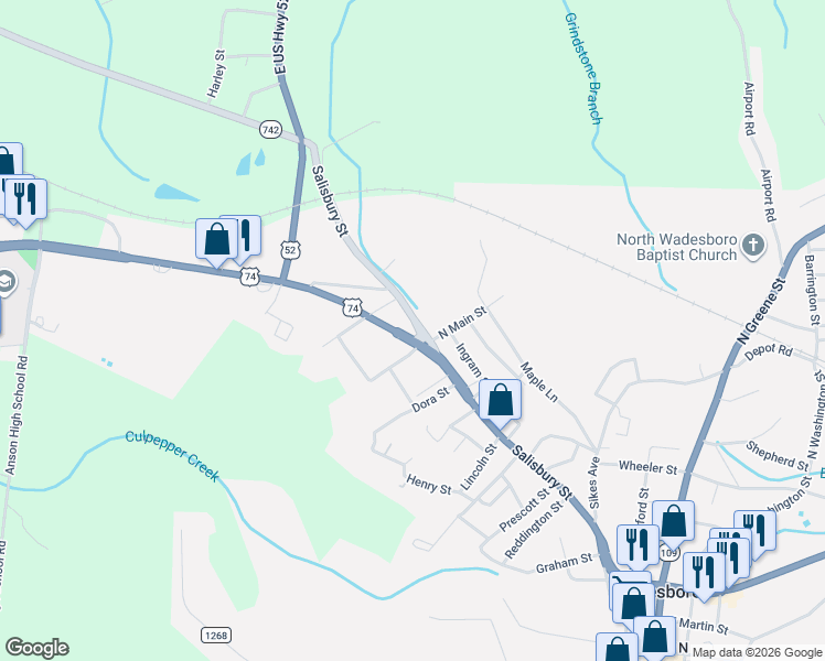 map of restaurants, bars, coffee shops, grocery stores, and more near 973 Salisbury Street in Wadesboro