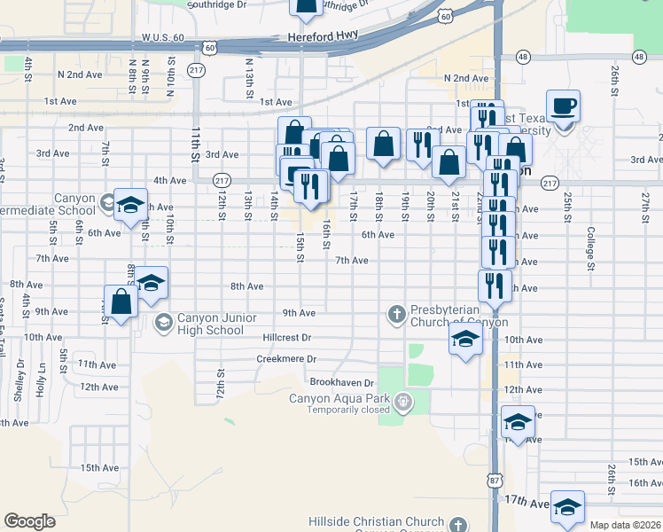 map of restaurants, bars, coffee shops, grocery stores, and more near 1515 7th Avenue in Canyon