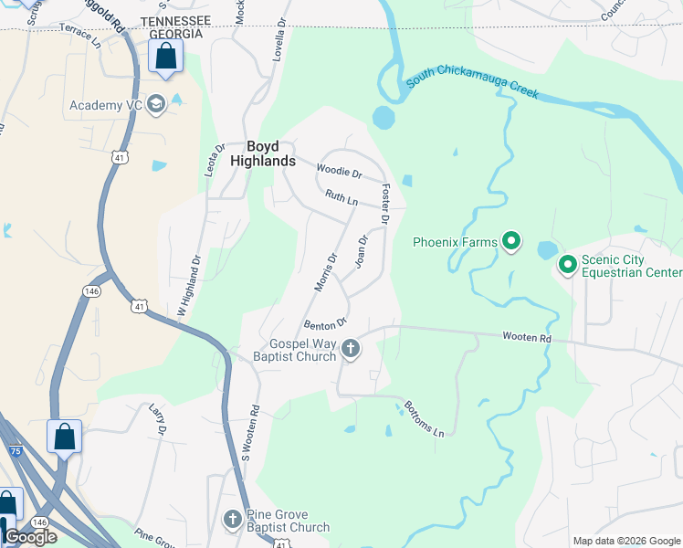 map of restaurants, bars, coffee shops, grocery stores, and more near 49 Joan Drive in Ringgold